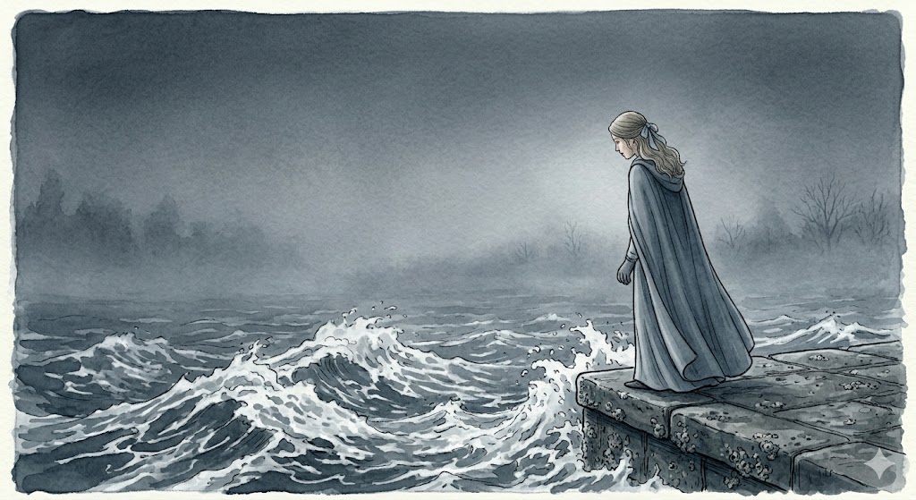 時代の潮流への焦燥と水面に残る激しい白波を見つめる女性のイラスト