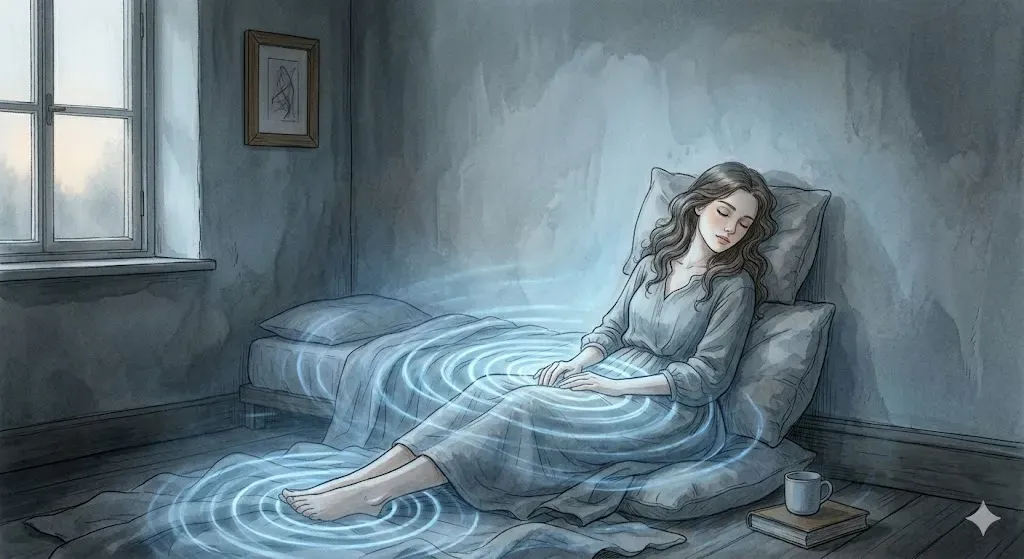 効率主義のノイズから救済され美しい青い光の波紋を広げながら眠る夢のイラスト