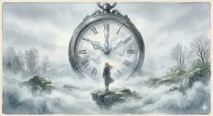 時間に遅れる夢の心理を解き明かす、霧の中の止まった時計と女性の幻想的なイラスト