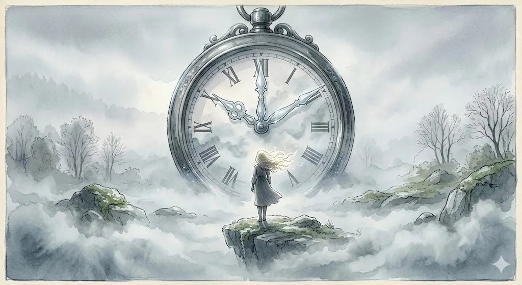 時間に遅れる夢の心理を解き明かす、霧の中の止まった時計と女性の幻想的なイラスト