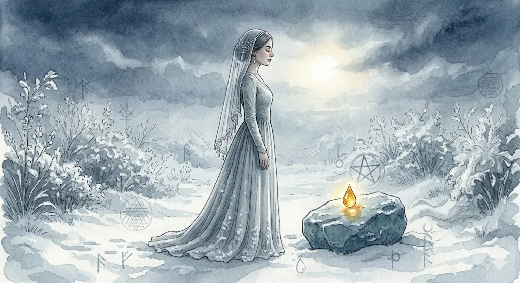 社会的契約を一時停止し新雪の静けさに包まれて目を閉じる女性のイラスト