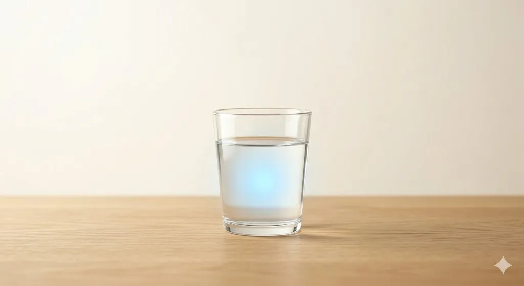 青い光を宿す一杯の水が置かれた静かな夜の調律イメージ