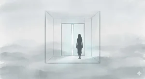 エレベーターに閉じ込められる夢の意味を象徴する、霧の中の静かな白い空間のイラスト