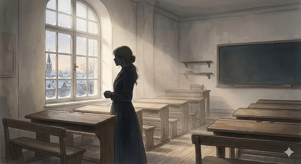 誰もいない教室で窓からの光を浴びる女性のシルエットを描いた、静寂な放課後のイラスト
