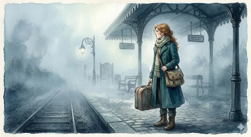放置される夢を象徴する、夜明けの霧が漂う無人の駅に佇む女性の幻想的なイラスト