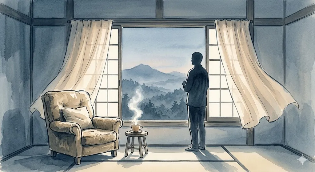 安らかに死ぬ夢が示す、心の摩擦が消えて安堵の息をつく静かな夕暮れの部屋の挿絵