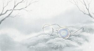 霧の中に静かに横たわる、ひびの入った眼鏡と柔らかな虹色の光のイラスト