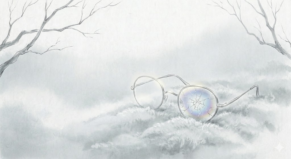 霧の中に静かに横たわる、ひびの入った眼鏡と柔らかな虹色の光のイラスト