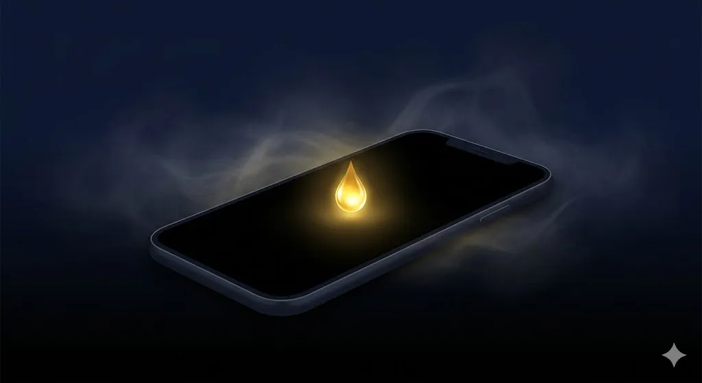 暗転したスマートフォンの画面の上で黄金色に光る一滴のしずくのイラスト