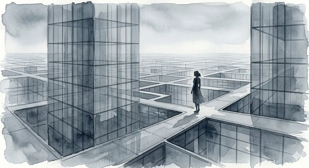 無機質な碁盤目状の街を歩くシルエット。道に迷う夢の不安と静寂を描いたイラスト。