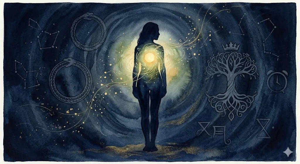 髪を失った後に内側に宿る緑と黄色の光を見出す、幻想的な女性のシルエット