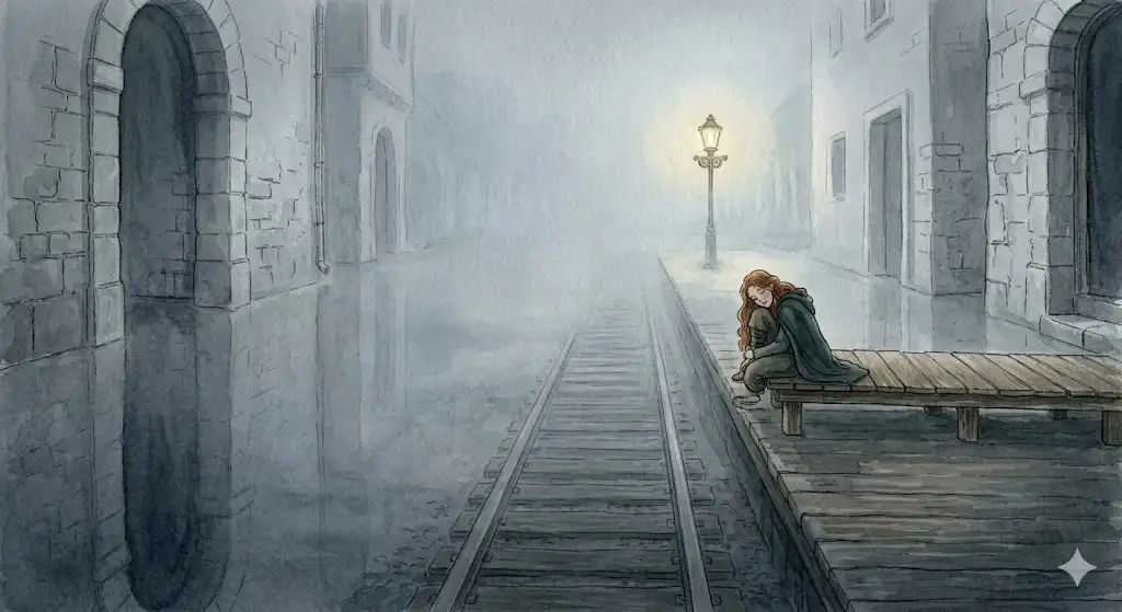 夜の霧に包まれた無人の駅のホームで静かに休息をとる女性のイラスト。