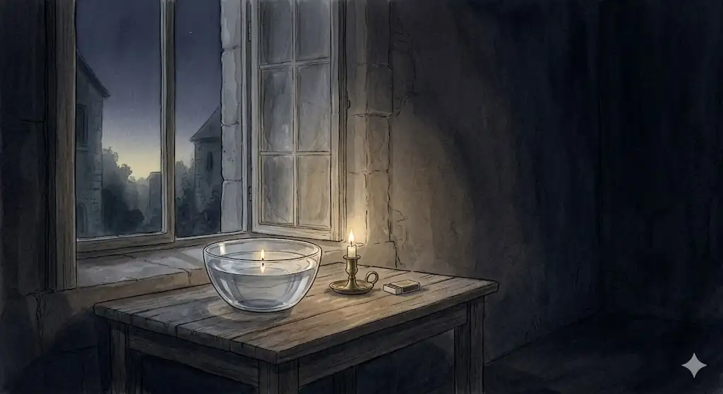 夜の静かな部屋で、ガラスの器に張られた水とキャンドルの灯りを描いた調律のイラスト。