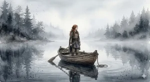 静かな湖の夢が持つ意味を伝える、霧に包まれた水面の幻想的なイラスト。