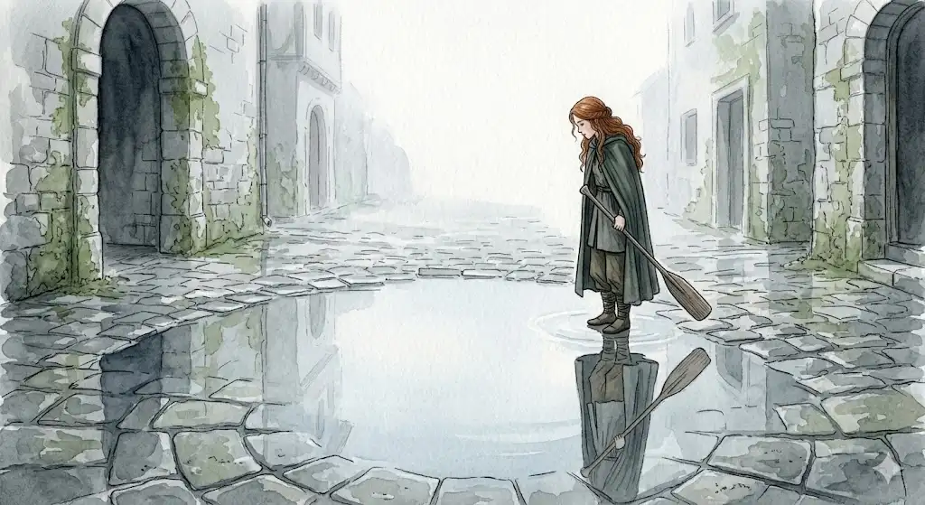 雨上がりの水たまりに広がる澄んだ空の反射を見つめる女性のイラスト。