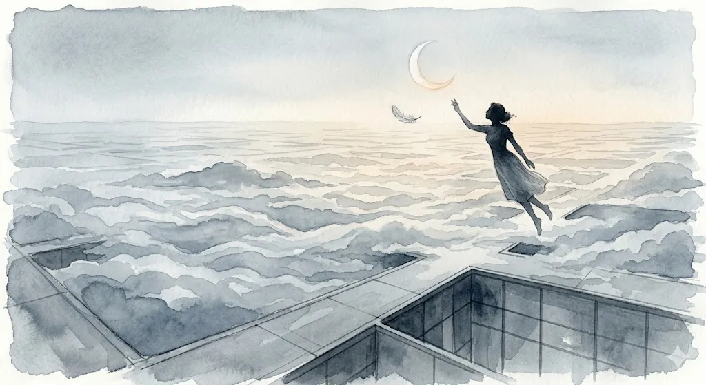雲海の上で浮遊し、目的地から解放された女性。道に迷う夢の転換点を描いたイラスト。