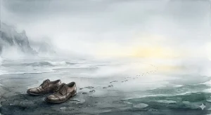 霧の海辺に残された靴と先へ続く裸足の足跡。靴を失う夢が象徴する解放のイメージ。