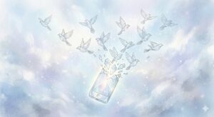 スマホを失う夢が示す、外界との接続解除と内なる自由を象徴する幻想的なイラスト