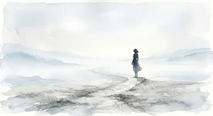 霧の中に消えていく道と佇む女性。道に迷う夢が教える自由を象徴するイラスト。