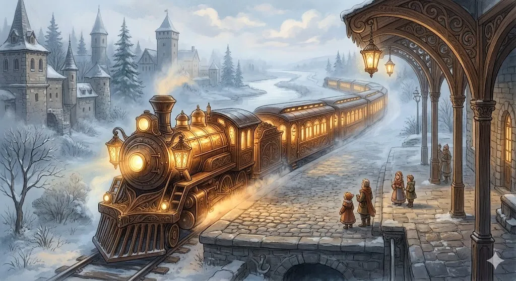 霧の向こうから現れる温かな光を纏った美しい列車のイラスト