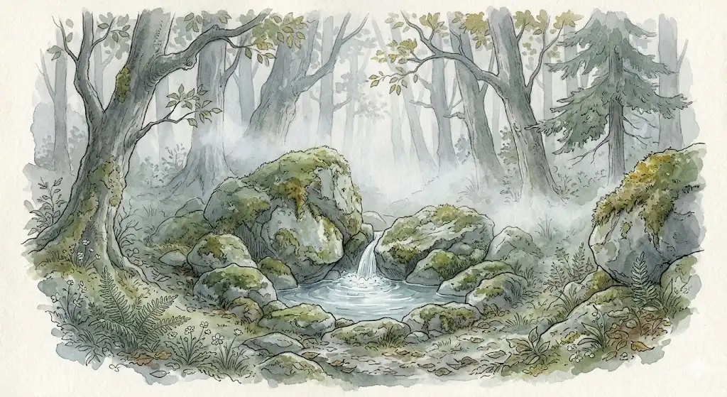 川や湖や湧き水の夢が表す自然哲学的な人生の現在地と循環のイラスト