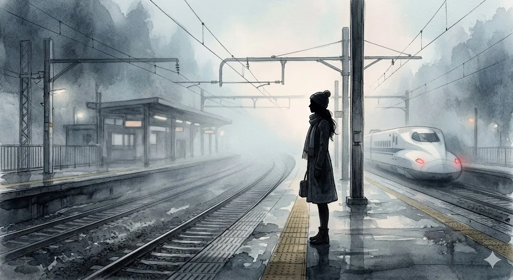夜明けの霧が漂う新幹線のホームで、去りゆく列車を見送る女性の幻想的なイラスト