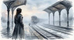 電車の乗り遅れの夢を象徴する、夜明けの霧に包まれた無人の駅に佇む女性の幻想的なイラスト