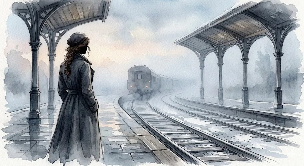 電車の乗り遅れの夢を象徴する、夜明けの霧に包まれた無人の駅に佇む女性の幻想的なイラスト