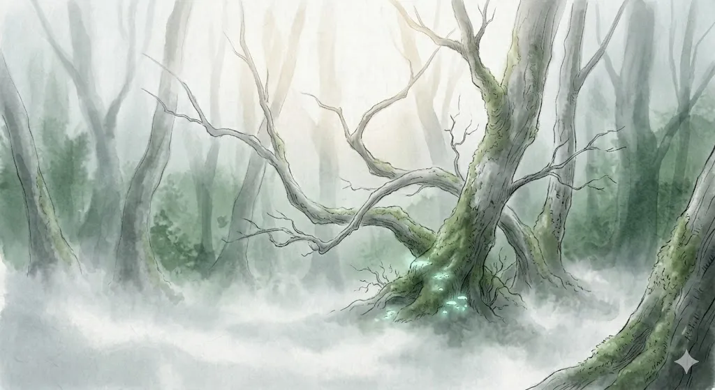 視界を優しくぼやかす、深い霧に包まれた幻想的な森の風景
