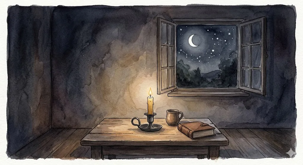 鏡が割れる・壊れる夢の後の安らぎ、静かな夜と蝋燭の火を映したイラスト