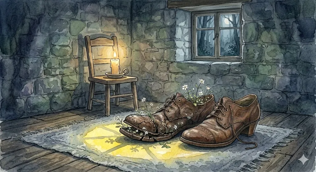 靴が壊れる夢の後の安らぎ、月光が足元を照らす静かな部屋のイラスト