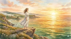 金色の夜明けの海を崖の上から見つめる美しい西洋人女性のイラスト。海の夢の全体像。