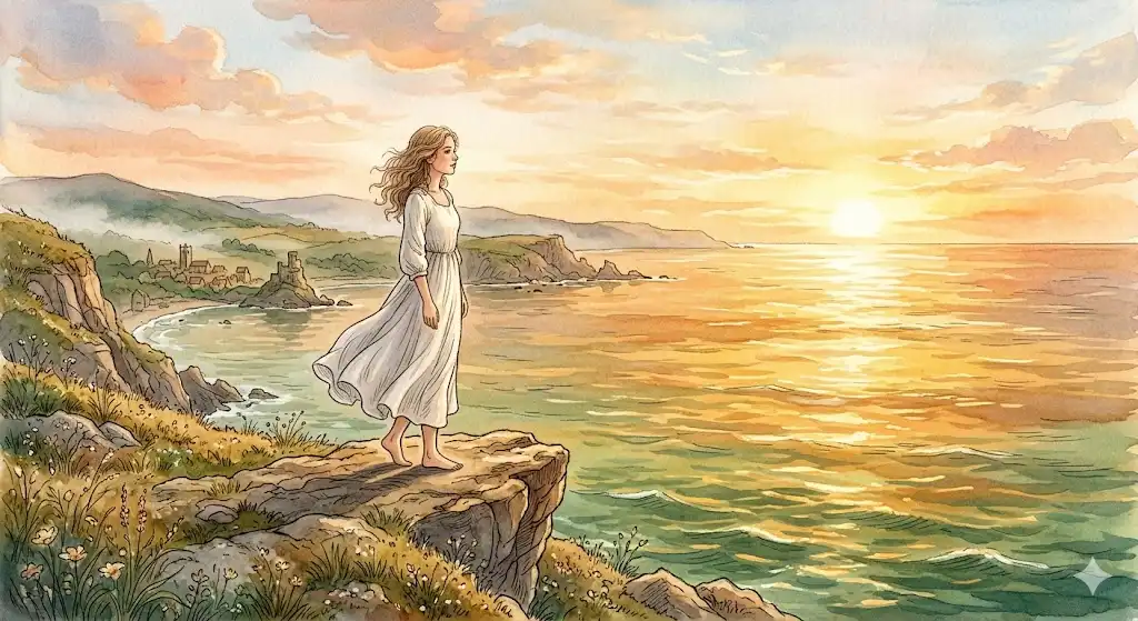 金色の夜明けの海を崖の上から見つめる美しい西洋人女性のイラスト。海の夢の全体像。