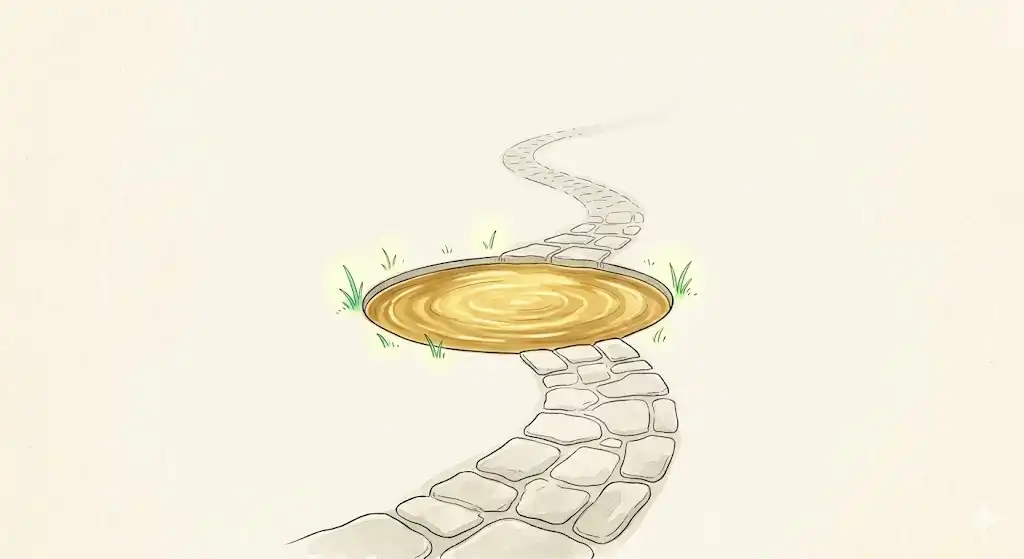 記号論における「陸地と水のコード」の交差を、美しい余白とともに描いた抽象イラスト。