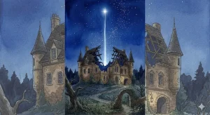 屋根が壊れる夢の意味を象徴する、崩れた建物と深い藍色の星空が広がる幻想的なイラスト