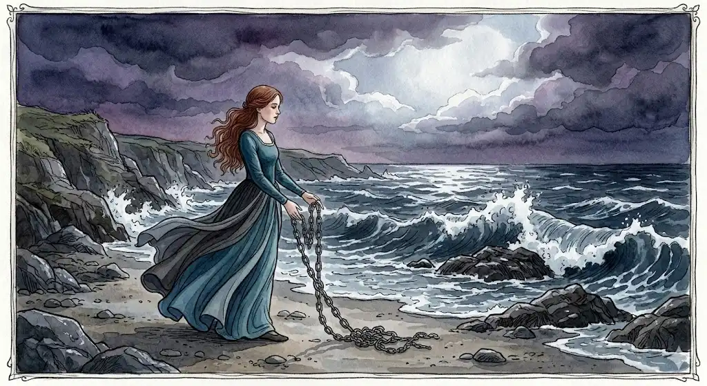 心のコントロールを手放す瞬間を描いた、荒れる海岸で鎖を手放す女性のイラスト