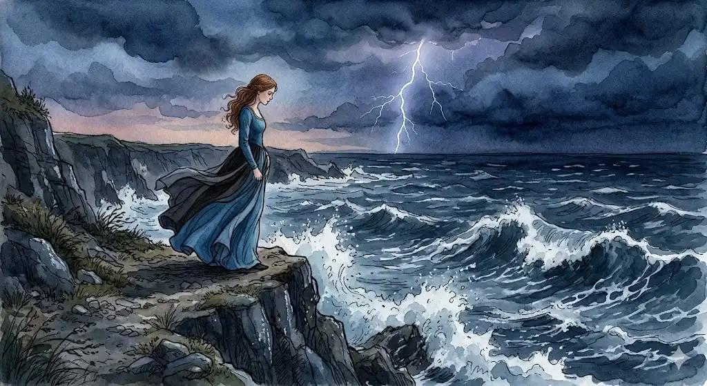 荒れる海や波が高い夢の意味を紐解く、嵐の海を見つめる女性の幻想的なイラスト