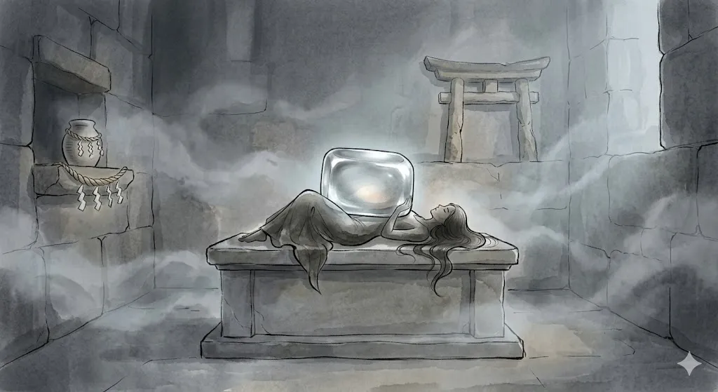 身体の上に重厚な静寂が置かれたような金縛りの夢の象徴的イラスト