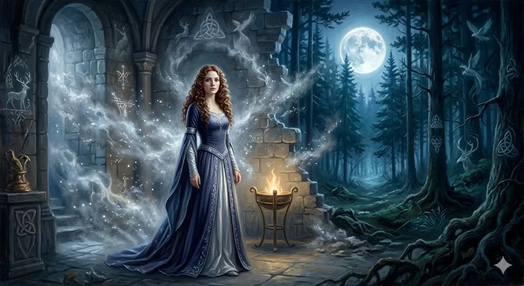 壁が霧のように透けて消え外の世界と繋がり始める女性を描いた、壁が壊れる夢のイラスト