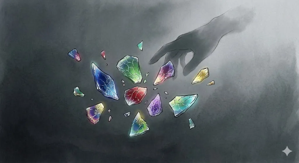 壊れたレンズの破片がプリズムのように色彩を放つ、抽象的で美しい夢の光景