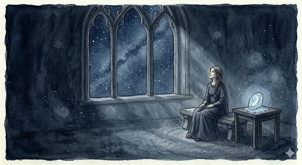 大勢の中で孤独を感じる夢を調律ワークに繋げる、窓辺で夜空を見上げる女性のイラスト