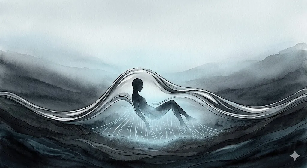 液体のような金属の質感に包まれ、大地へと静かに沈み込んでいくシルエット。Image conceptualized by AI based on Dream Codex Theory
