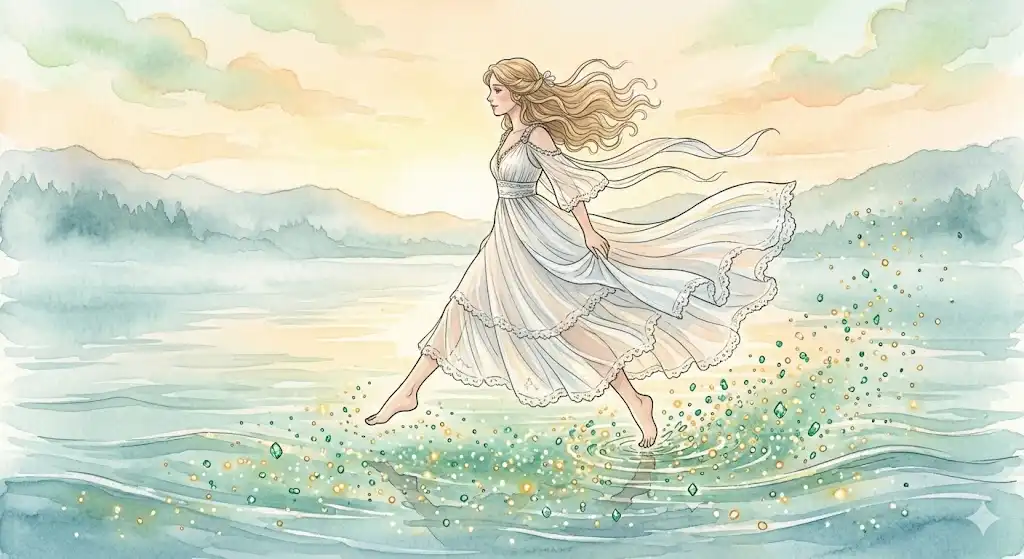少し波立つ水面の上をバランスよく軽快に進む女性の幻想的なイラスト
