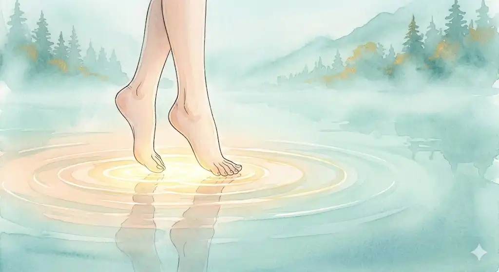 夢の中で沈まない水面にそっと足を乗せる瞬間の幻想的なイラスト