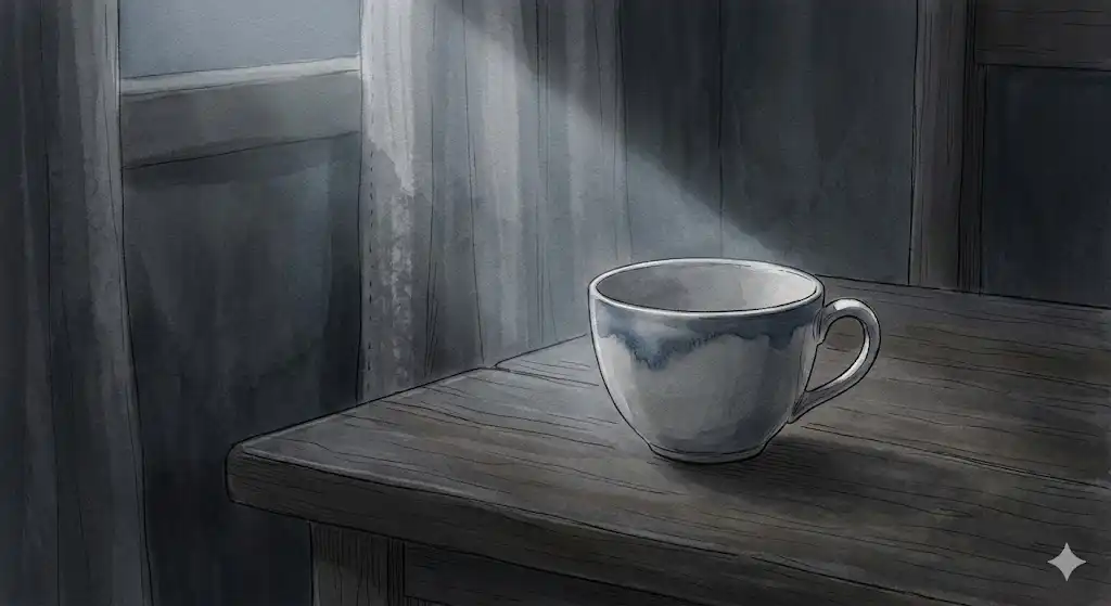 水が出ない夢のあとの調律ワークを想起させる、静かな部屋に置かれた空のコップのイラスト
