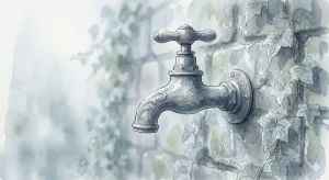 水が出ない夢の心理を紐解く、霧の中に佇むアンティークな蛇口のイラスト