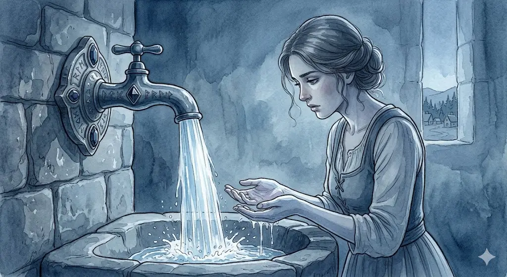 水道の水が止まらない夢の焦燥感を映し出す、冷たい水流と佇む女性の絵本風イラスト