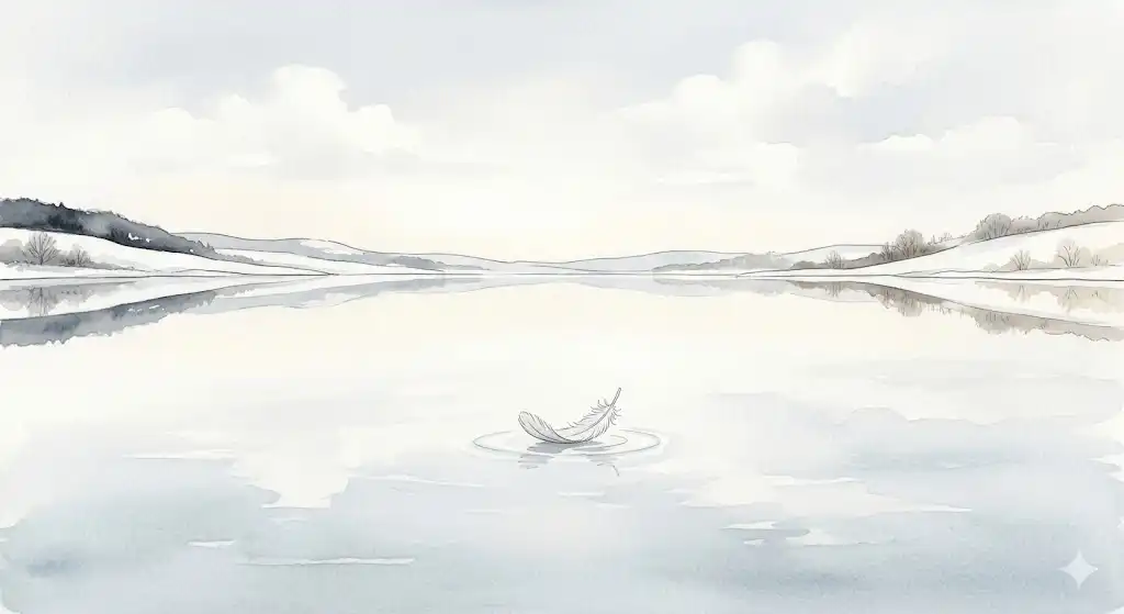 水をこぼす夢の焦りを鎮める、静寂な湖面に一枚の羽が静かに落ちていくイラスト