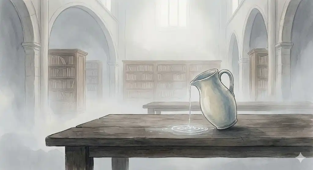 水をこぼす夢の背景にある心の漏出を象徴する、霧の図書館と溢れる水のイラスト