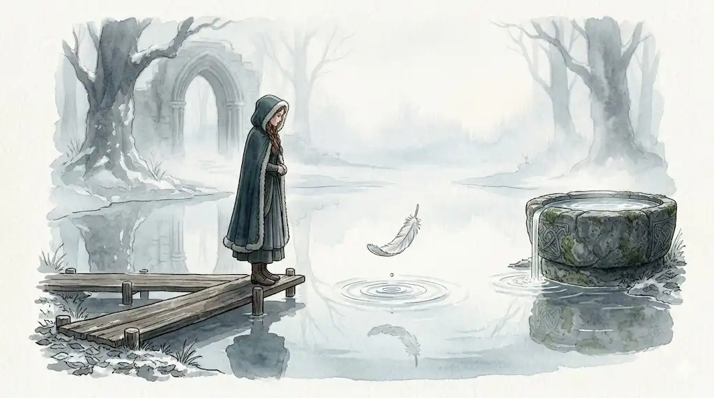 霧深い湖と落ちる羽のイラスト